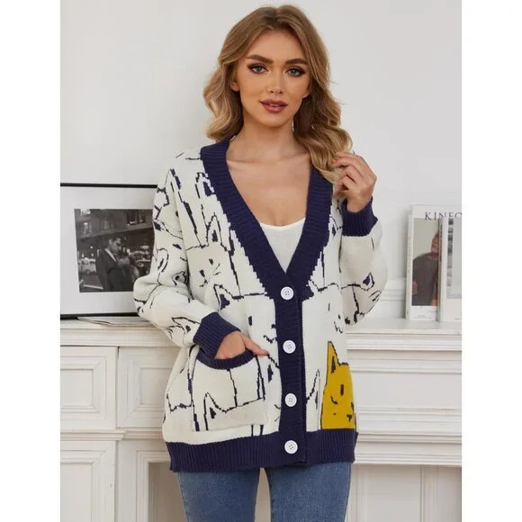 Cat Sweater for Women Oversized Button Down V Neck Knit Cardigan Cute Kawaii Car - Picture 3 of 7